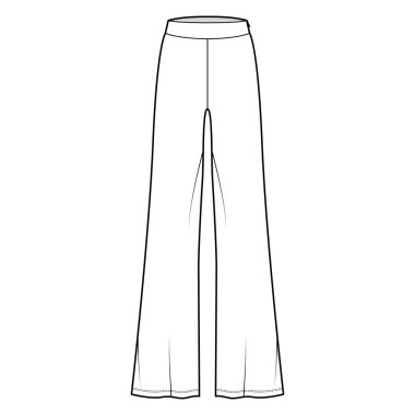 Pantolon botu, yer uzunluğu, geniş siluet ve yan fermuarlı teknik moda çizimi. Düz spor pijaması