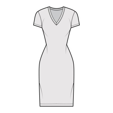 T-shirt, V yakalı, kısa kollu, diz boyu, vücuduna uygun, dolgunluğu kalemi olan teknik moda illüstrasyonu. Düz