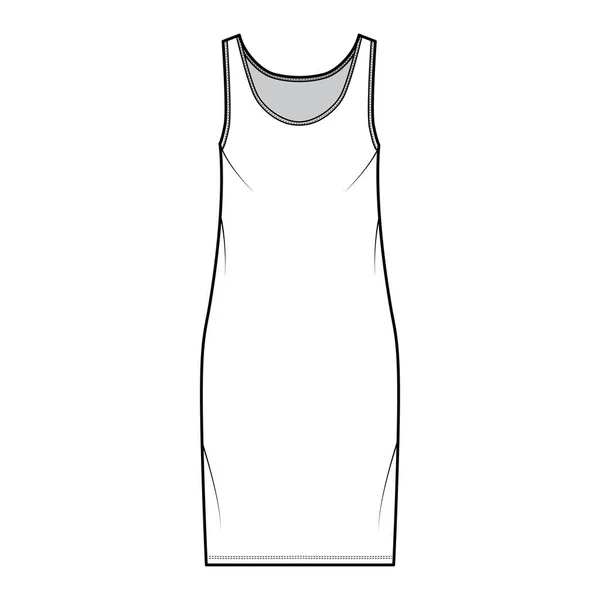 Tank abito tecnico illustrazione di moda con collo paletta, cinghie, lunghezza del ginocchio, corpo sovradimensionato, Matita pienezza. Piatto — Vettoriale Stock