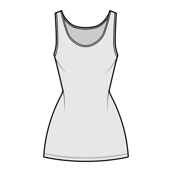 Panzerkleid technische Modeillustration mit Rundhalsausschnitt, Trägern, Minilänge, tailliertem Körper, Fülle des Bleistifts. Flach — Stockvektor