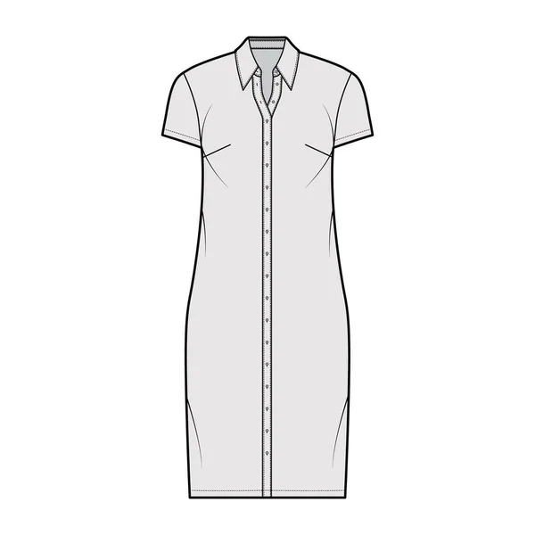 Vestido de camisa ilustración técnica de moda con cuello clásico regular, longitud de rodilla, de gran tamaño, mangas cortas, botón hacia arriba — Vector de stock