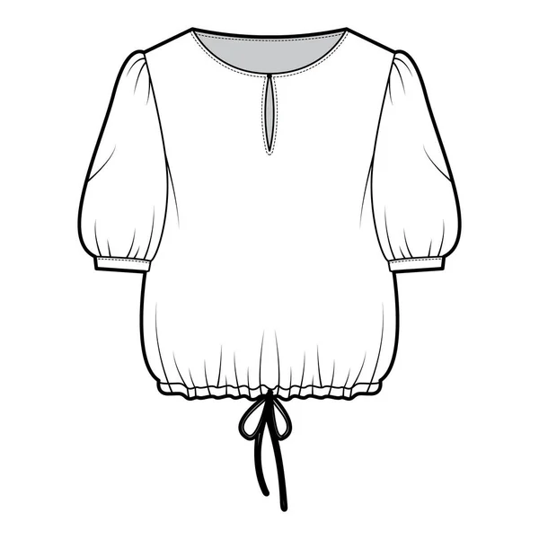 Μπλούζα περικοπή τεχνική εικόνα μόδας κορδόνι με σέσουλα λαιμό, μανίκια αγκώνα, κουμπί άνοιγμα, oversized — Διανυσματικό Αρχείο