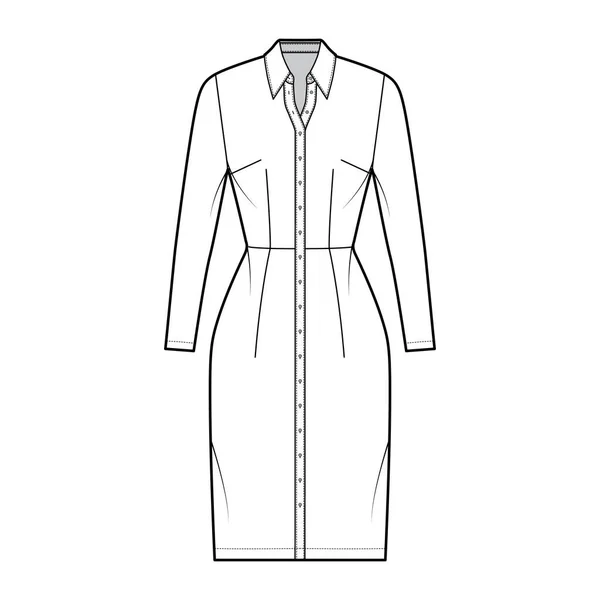 Chemise robe illustration de mode technique avec col classique régulier, longueur du genou, corps ajusté, manches longues, boutonnage — Image vectorielle