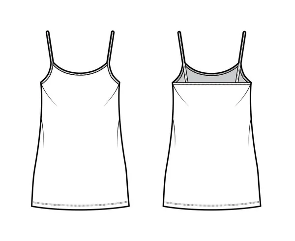 Camisole sukienka techniczna moda Ilustracja z miarką szyi, ramiączka, mini długość, nadmiar ciała, Ołówek pełnia. — Wektor stockowy