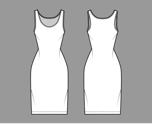 Panzerkleid technische Modeillustration mit Rundhalsausschnitt, Trägern, Knielänge, tailliertem Körper, Fülle des Bleistifts. Flach — Stockvektor