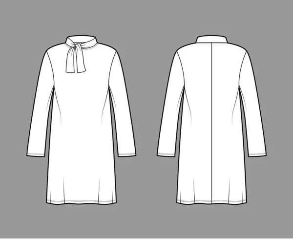 Тунічний светр технічна модна ілюстрація з краваткою з коміром, довгими рукавами, надмірною довжиною коліна скромна — стоковий вектор