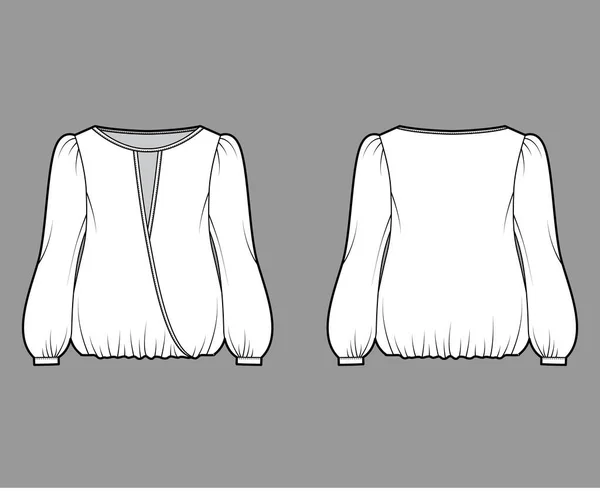 Blusa de excedente ilustración técnica de moda con mangas largas bouffant, dobladillo reunido, cuello amplio de la cuchara del abrigo, sobredimensionado — Vector de stock