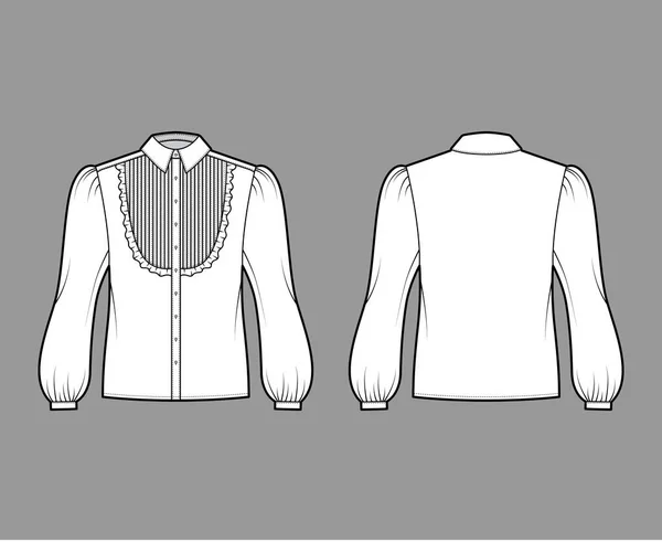 Blus smoking teknisk mode illustration med långa bouffant ärmar, klassisk krage, pintucked haklapp, överdimensionerade. Platt — Stock vektor