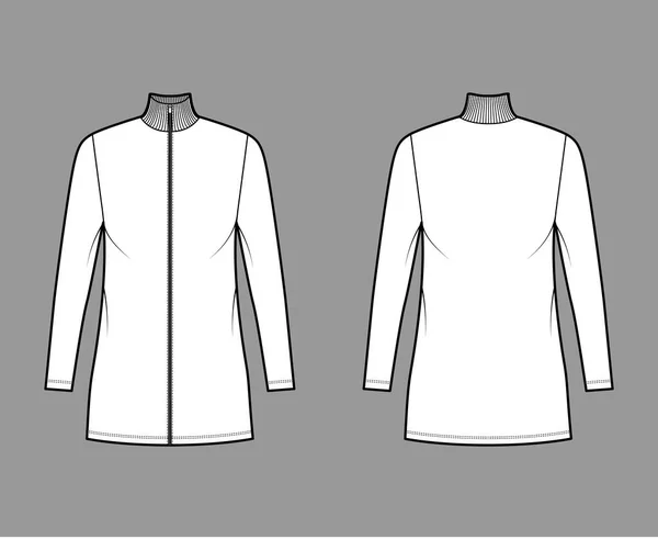 Vestido zip-up gola alta ilustração de moda técnica com mangas compridas, mini comprimento, corpo de grandes dimensões, plenitude lápis. —  Vetores de Stock