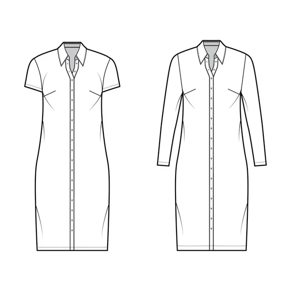 Koszula sukienka techniczna moda Ilustracja z klasycznym regularnym kołnierzem, długość kolana, nadmiar ciała, Ołówek pełnia — Wektor stockowy