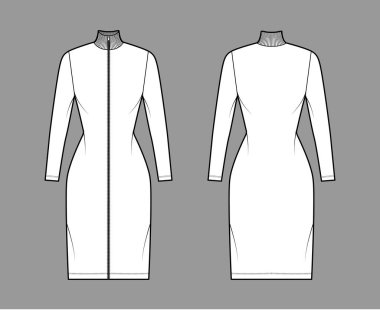 Balıkçı yaka, fermuarlı elbise, uzun kollu, diz boyu, vücuduna uygun düz kalem dolgunluğu olan teknik moda çizimi.