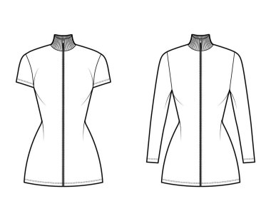 Balıkçı yaka, fermuarlı elbise, uzun kollu, kısa kollu, kısa kollu, kısa vücutlu, kalem dolu.