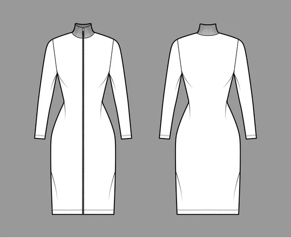 Turtleneck zip-up klänning teknisk mode illustration med långa ärmar, knälängd, monterad kropp, Penna fullhet Platt — Stock vektor