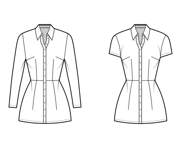 Vestido de camisa ilustración técnica de moda con cuello regular clásico, mini longitud, de gran tamaño, cuerpo ajustado, botón hasta. — Vector de stock