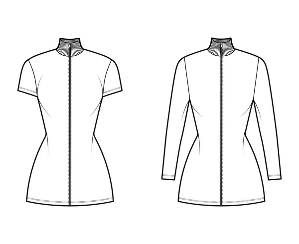Turtleneck zip-up klänning teknisk mode illustration med långa, korta ärmar, mini längd, monterad kropp, penna full — Stock vektor