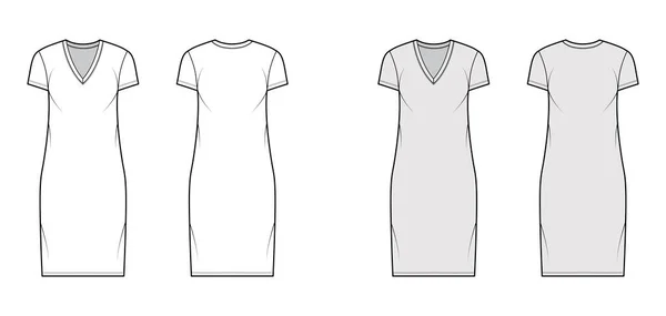 Camiseta vestido técnica moda ilustración con cuello en V, mangas cortas, longitud de rodilla, cuerpo de gran tamaño, plenitud de lápiz. — Archivo Imágenes Vectoriales