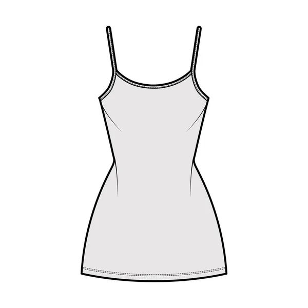 Camisole vestido de moda técnica ilustração com colher pescoço, tiras, mini comprimento, corpo equipado, Plenitude lápis. Plano —  Vetores de Stock