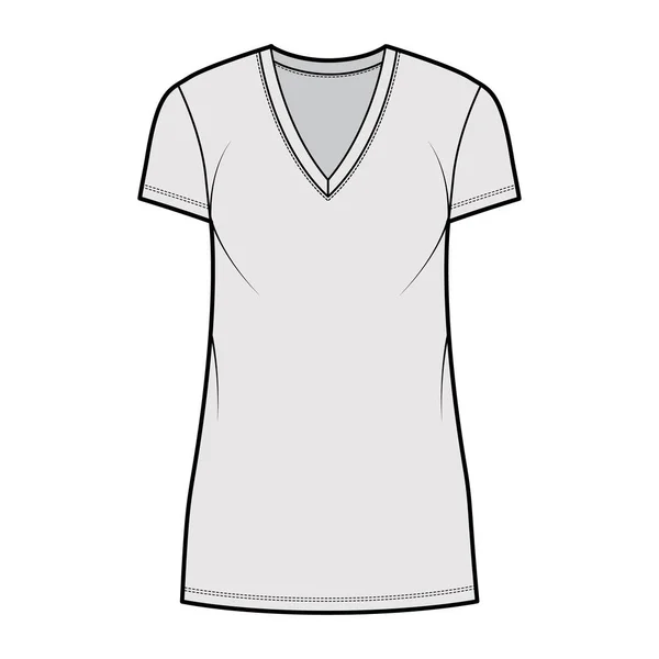 Camiseta vestido técnica moda ilustración con cuello en V, mangas cortas, mini longitud, cuerpo de gran tamaño, plenitud de lápiz. — Vector de stock