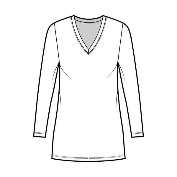 T-Shirt-Kleid technische Mode-Illustration mit V-Ausschnitt, lange Ärmel, Mini-Länge, übergroßer Körper, Fülle des Bleistifts. — Stockvektor