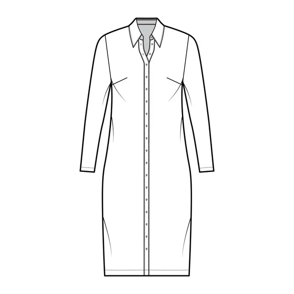 Shirt jurk technische mode illustratie met klassieke regelmatige kraag, knie lengte, oversized lichaam, Potlood volheid — Stockvector