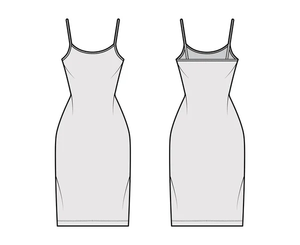 Camisole vestido de moda técnica ilustração com colher pescoço, tiras, comprimento do joelho, corpo equipado, plenitude Lápis. Plano — Vetor de Stock