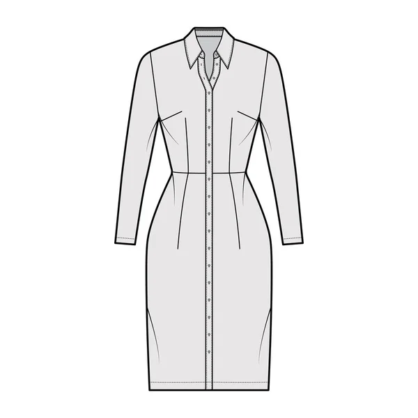 Shirt dress technical fashion illustration with classic regular collar, knee length, fitted body, long sleeve, button up — Stock Vector