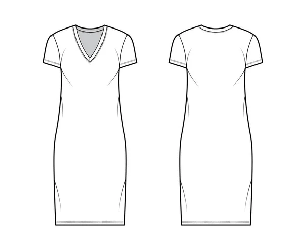 T-shirt robe illustration de mode technique avec col V, manches courtes, longueur du genou, corps surdimensionné, plénitude du crayon. — Image vectorielle