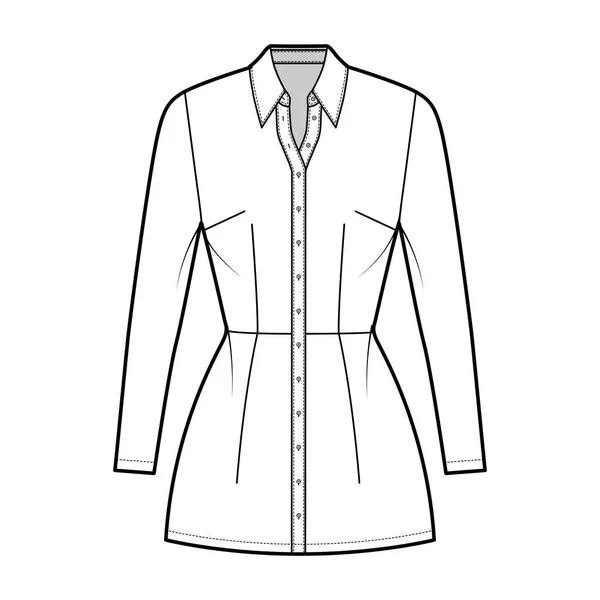Chemise robe illustration de mode technique avec col régulier, mini longueur, corps ajusté, plénitude crayon, boutonnage — Image vectorielle