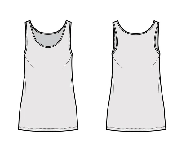 Tank šaty technické módní ilustrace s lopatkou krku, řemínky, mini délka, nadrozměrné tělo, plnost tužky. Flat — Stockový vektor