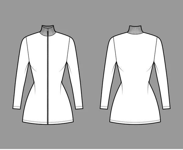Sukienka turtleneck zip-up Ilustracja moda techniczna z krótkimi rękawami, długość mini, dopasowany korpus, Pełnia ołówka. — Wektor stockowy