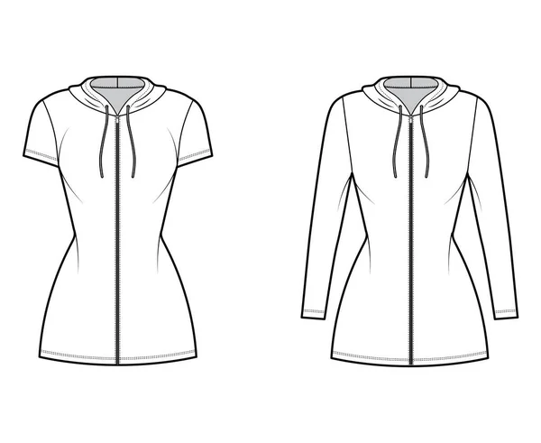 Hoodie zip-up vestido técnico de moda ilustração com mangas longas e curtas, mini comprimento, corpo equipado, Plenitude lápis. —  Vetores de Stock