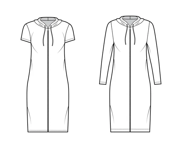 Bluza z kapturem zip-up sukienka techniczna moda ilustracja z długimi, krótkimi rękawami, długość kolana, oversize body, Ołówek pełnia — Wektor stockowy