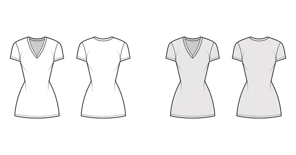 T-shirt abito tecnico illustrazione di moda con scollo a V, maniche corte, mini lunghezza, corpo aderente, Matita pienezza. Piatto — Vettoriale Stock