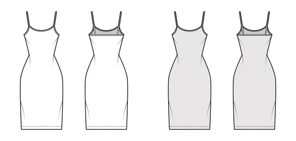 Camisole vestido de moda técnica ilustração com colher pescoço, tiras, comprimento do joelho, corpo equipado, plenitude Lápis. Plano —  Vetores de Stock