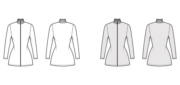 Sukienka turtleneck zip-up Ilustracja moda techniczna z krótkimi rękawami, długość mini, dopasowany korpus, Pełnia ołówka. — Wektor stockowy