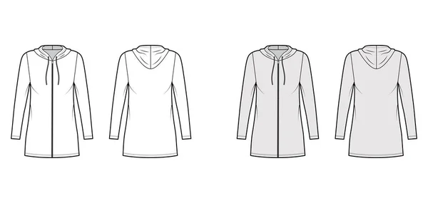 Hoodie zip-up φόρεμα τεχνική εικόνα μόδας με μακριά μανίκια, μίνι μήκος, υπερμεγέθης σώμα, Μολύβι πληρότητα. Επίπεδη — Διανυσματικό Αρχείο