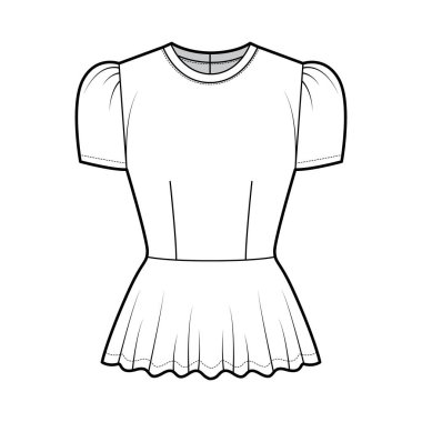 Peplum bluzu, kabarık kısa kollu, yaka kepçeli, vücuduna uygun teknik tasvirler. Düz gömlek.