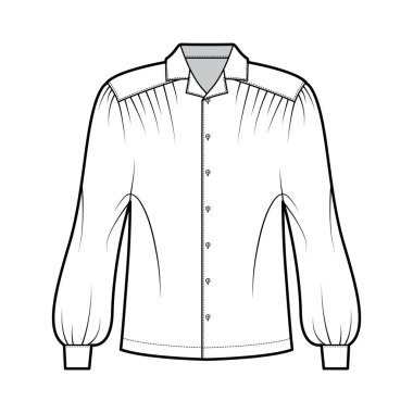 Gaucho bluzu teknik tasviri. Dolman Puff uzun kollu, açık yakalı, büyük beden, düğmeli. Düz