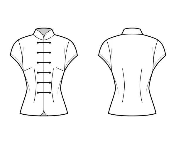 Mandarin μπλούζα τεχνική εικόνα μόδας με μανίκια καπάκι, σταθεί λαιμό, εξοπλισμένο σώμα, Frog κλείσιμο. Επίπεδη κινεζική — Διανυσματικό Αρχείο