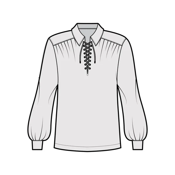 Пиратская блузка техническая мода иллюстрация с буффантовыми длинными рукавами, поэт кружевной воротник, негабаритный, длина туники. — стоковый вектор