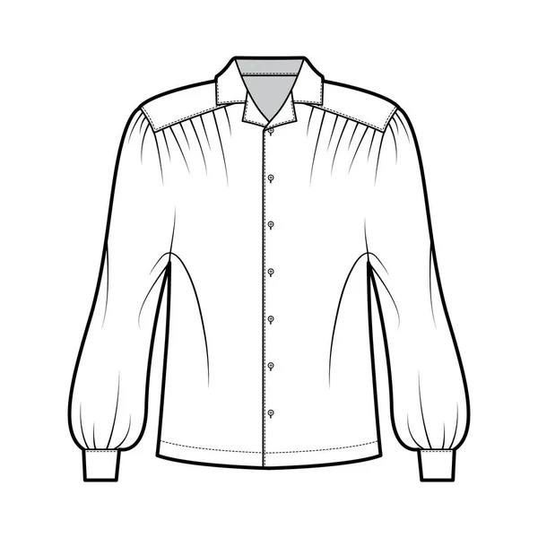 Gaucho blusa técnica de moda ilustração com dolman puff mangas compridas, gola aberta, oversized, botão para cima. Plano —  Vetores de Stock
