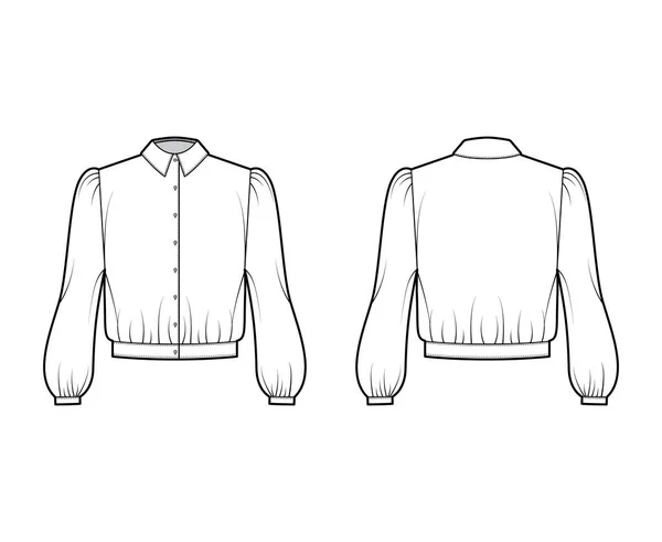 Blouson Bluse technische Mode Illustration mit Bouffant langen Ärmeln, klassischer Hemdausschnitt, Oversize, Knopf auf. Flach — Stockvektor