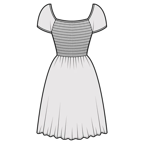 Vestido de camisa lisa ilustración técnica de moda con mangas de gorra, cuerpo ajustado, cintura elástica, longitud de rodilla. Plano — Vector de stock