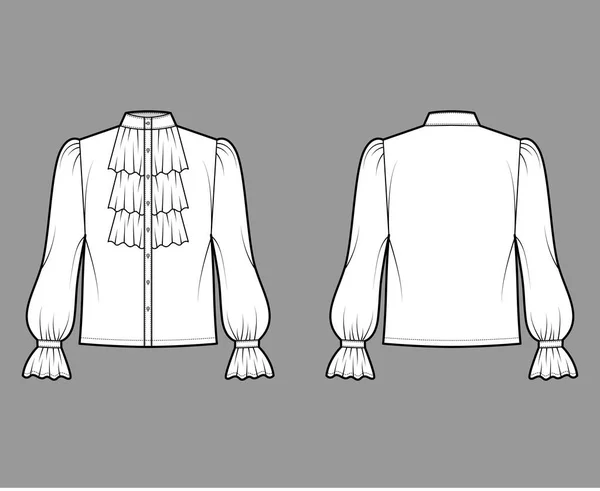 Poeta pirata blusa técnica moda ilustración con cuello de volantes, obispo mangas largas, cuello de pie, botón suelto hasta — Archivo Imágenes Vectoriales