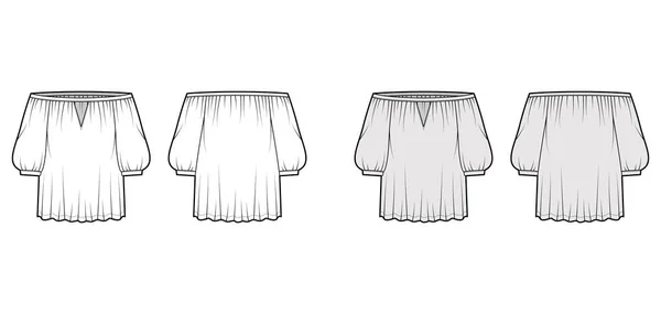 Bluzka off-the-shoulder Ilustracja mody technicznej Bardot z bufiastymi rękawami łokciowymi, przerośnięta. Odzież płaska — Wektor stockowy