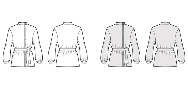 Kozak blouse technische mode illustratie met stropdas, bouffant lange mouwen, kraag staan, oversized, knop omhoog. Vlak — Stockvector