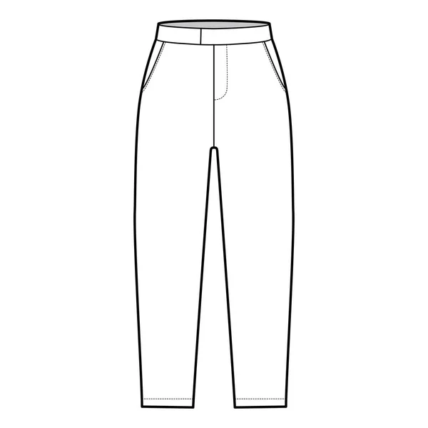 Pantalones capri cortos ilustración técnica de moda con longitud media pantorrilla, cintura normal, gran altura, recortado, bolsillo con solapa. — Vector de stock