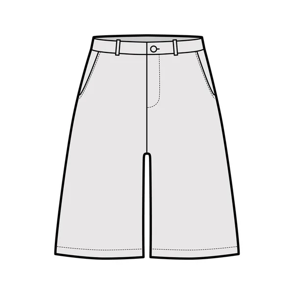 Kort bagage Bermudas klänning byxor teknisk mode illustration med över knäet längd, låg midja, skuren ficka — Stock vektor