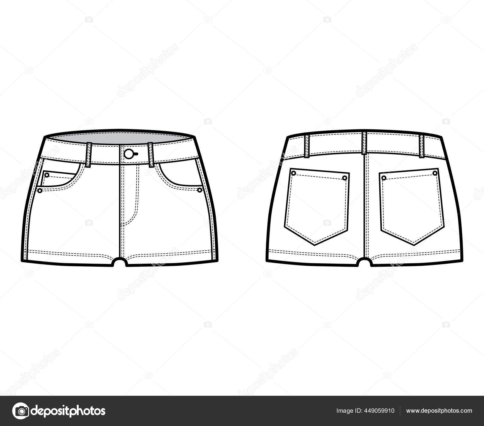 Denim hot short technical fashion illustration with micro length, curved,  coin, angled 5 pockets, low rise waist. Flat Stock Vector by  ©Katya_Golovchyn 449059910