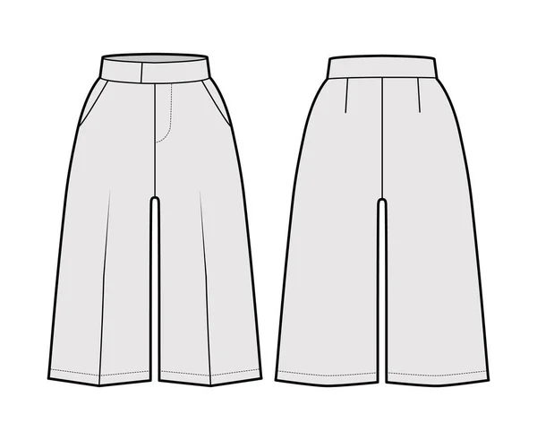 Abito corto Bermuda pantaloni illustrazione tecnica di moda con lunghezza del ginocchio, piega singola, vita normale, tasca tagliata — Vettoriale Stock